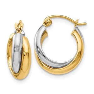 14K Solid Two Tone Gold Huggie Small Hoop Earrings - Picture 1 of 5
