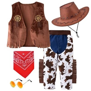 Kids Cowboy Costume Chaps Vest for Boys Role Play Cowboy Cowgirl Hat Bandanas... - Picture 1 of 8