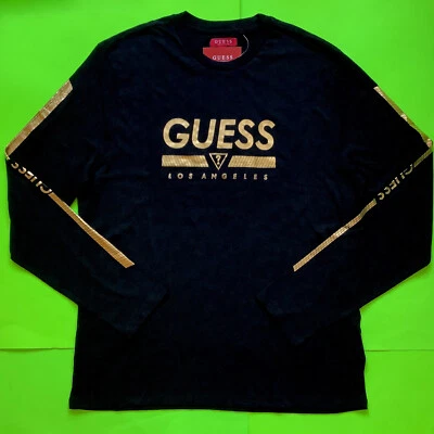 New GUESS Los Angeles Men’s Long Sleeve T-Shirt LARGE Black w/Gold 100%Cotton - Image 1 of 4