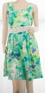 $134 NOWT CALVIN KLEIN Designer GREEN Multi Pleated Belted COTTON Dress 10 - Picture 1 of 2