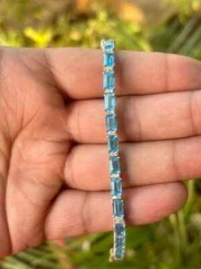 7Ct Emerald Cut Simulated Blue Topaz Tennis Bracelet 14K White Gold Plated 7' IN - Picture 1 of 7