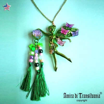 Green Fairy Belle Epoque Jewelry Art Deco Nouveau Doll Head Pendant Butterfly - Image 1 of 4