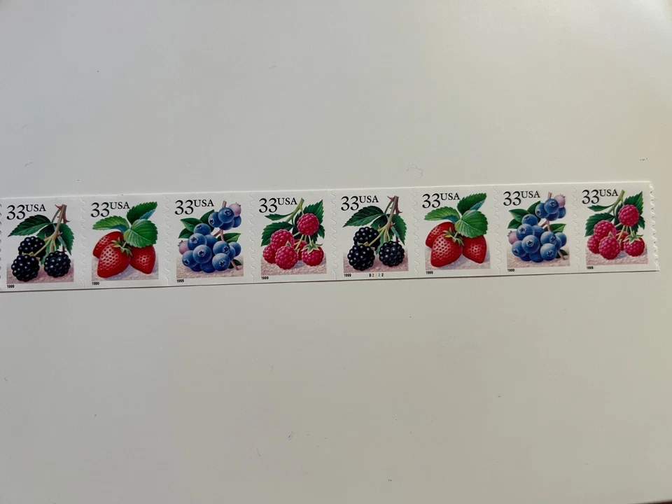 US Stamps SC# 3305a Berries 33c coil strip of 8 P# B2222 MNH 1999 - Image 1 of 1