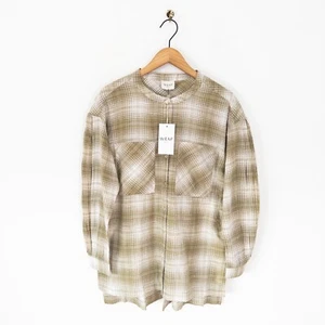 Wrap London Poetry Cotton Tunic Shirt Size 14 NEW Plaid Check Olive Green White - Picture 1 of 24
