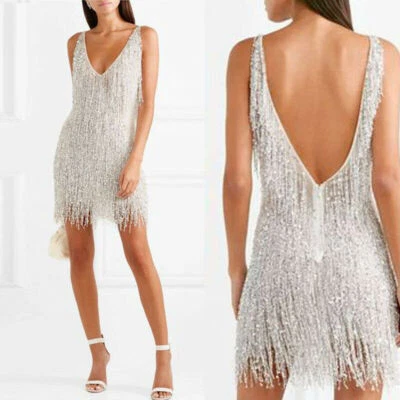 Rückenfreies Abend Party Cocktail Club Minikleid Damen V-Ausschnitt Quasten Kleid Sexy - Bild 1 von 4