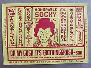 OLDE FROTHINGSLOSH, HONORABLE SOCKY, Beer LABEL, Pittsburgh, PENNSYLVANIA 1950's - Picture 1 of 1