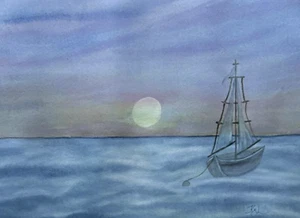 GEMÄLDE AQUARELL ORIGINAL SONNENAUFGANG OZEAN SEGELBOOT LANDSCHAFT 11X14 & PASSEPARTOUT 16X20 - Bild 1 von 1