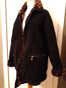 Women's Black Suede Leather Fleece Insulated Animal Print Large Zipper Jacket - Picture 1 of 23