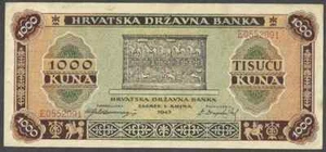 CROATIA 1000 KUNA 1943 P-13a BANKNOTE - Picture 1 of 3
