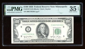 DBR 1950 $100 FRN Minneapolis Fr. 2157-I PMG 35 EPQ Serial I00170538A - Picture 1 of 2
