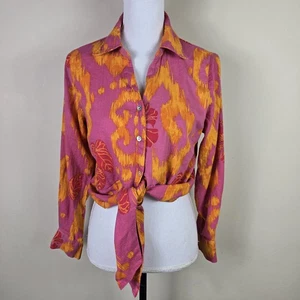 Christian Siriano Shirt Womens Medium Button Up Tie Front Linen Floral Blouse - Picture 1 of 13