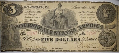 1861 $5 Confederate States Of America Currency Low Grade Dmg P187 - Image 1 of 2