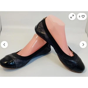 Tory Burch Quilt Scrunch Bridgette Leather Ballet Flat Black Toe Cap 7 Old Money - Picture 1 of 9