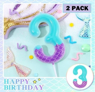 ¡PACK DE 2! Velas de Cumpleaños Sirena Número 3, Decoración de Pasteles Temática Mar Cupcake Fiesta Foto 1 de 4
