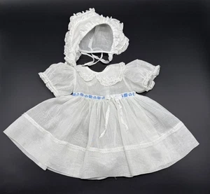 Vintage Doll Dress Cap Baby Toddler Cotton Organdy Valenciennes Lace 10" Long - Picture 1 of 9