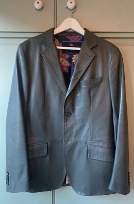 男式 ETRO 瓶绿色皮革夹克西装夹克 S/M 全新无标签 — 第 1/4 张图片