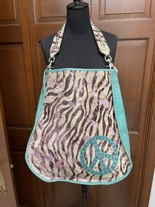 Kurt Mens Design Handbag Tote XL Cowhide Peace Sign Zebra Crocodile - Picture 1 of 10