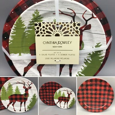 8pc Cynthia Rowley Christmas Melamine Dinner Salad Plate Set Buffalo Plaid Deer - Image 1 of 4