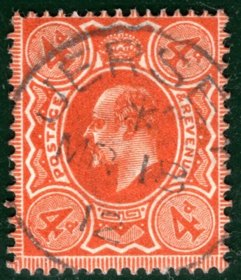 GB KEVII Stamp SG.286var 4d *Intense Bright Orange* JERSEY 1912 CDS Used SBR149 - Image 1 of 4