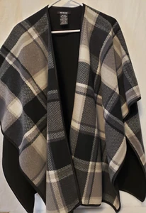 Ike Behar Shawl Blanket Wrap One Size Black Gray Plaid Fleece - Picture 1 of 7