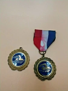 Set of Two Vintage Blue Enamel & Gold Swimming Medals - One Missing Ribbon - Picture 1 of 3