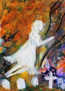 ORIGINAL ACEO Halloween CEMENTERIO Alma Fantasma Árbol Otoño Otoño Espíritu ATC ARTE - Imagen 1 de 1