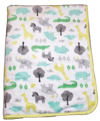 Carters Safari Baby Blanket Donkey Elephant Giraffe White Sherpa Yellow Aqua   - Image 1 of 2