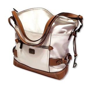 Large Tote Bag – White & Brown Faux Leather Shoulder Purse - Picture 1 of 7