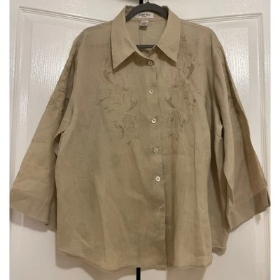 Blusa Judith Hart Mujer Talla 18W Lino Floral Bordada Abotonada Informal Beige Foto 1 de 4