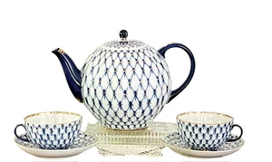 Lomonosov Porcelain Teapot Set Imperial Gold 'Tulip Cobalt Net' - Picture 1 of 8