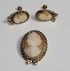 Amco Cameo Brooch / Pendant & Earrings Set carved shell gold filled - Picture 1 of 5