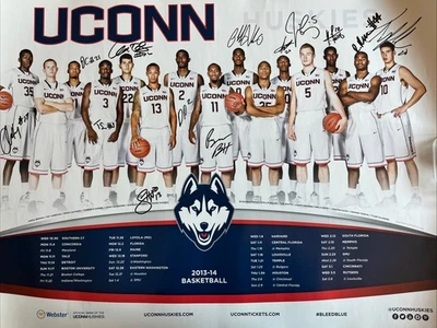 Póster autografiado del equipo de baloncesto masculino UCONN Huskies 2013/14 ¡Campeones nacionales! Foto 1 de 4