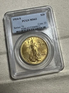 1914 S Saint Gaudens $20 oro classificato PCGS MS 62 eBay asta dal vivo 8/30 EB #012 - Foto 1 di 6