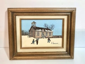 Signed H. Hargrove 8.25” x 10.25” Framed Oil Painting School House Winter Scene - Picture 1 of 5