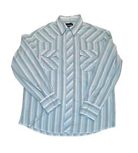 Wrangler Mens Western Shirt Pearl Snap Button Up Sz L Striped Blue Gray White