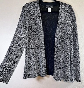 Alex Evenings Size Large Cardigan Jacket Black White Sparkle Floral Stretch - Picture 1 of 5