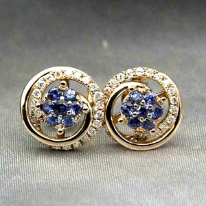 1.20 Ct Round Simulated Blue Tanzanite Halo Stud Earrings 14K Yellow Gold Plated - Picture 1 of 10