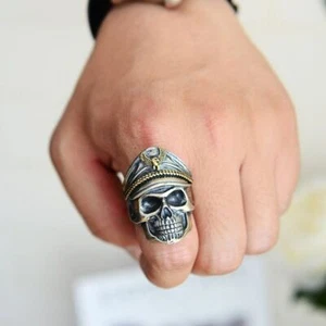 Mens CAPTAIN Skull Two Tone Silver Gold PIRATE HEAD Unisex Ring ADJUSTABLE - UK - Picture 1 of 4