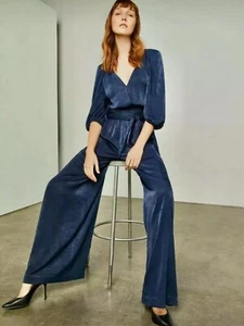 NWT $298 BCBGMAXAZRIA Size Medium Dark Navy Wide-leg Wrap Jumpsuit - Picture 1 of 12