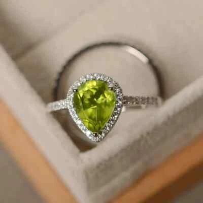 925 Argento Sterling Naturale Anello Peridoto, Taglio a Pera , 2 Set Matrimonio - Immagine 1 di 4
