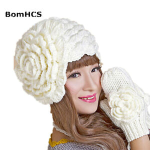 BomHCS Winter Crochet Handmade Knitted Floral Beanie Gloves Suit