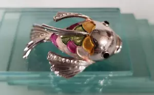 Cloisonne Style Enamel Koi Goldfish Brooch Pin Silver Rhinestone Moving Tail - Picture 1 of 10