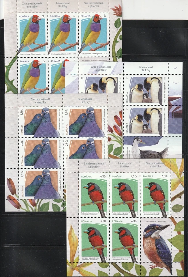 SELLOS RUMANIA 2023 PÁJAROS LORO PALOMA PINGÜINO HOJAS MNH Foto 1 de 1