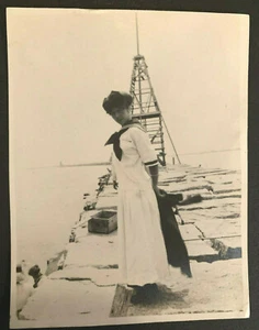 Vintage B&W Photo Pretty Woman in White Dress on Rock Pier #4540 - Picture 1 of 1