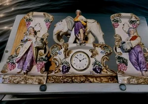 Antike deutsche Biskuitporzellan Elefanten Uhr und Übertöpfe Lesen! - Bild 1 von 24