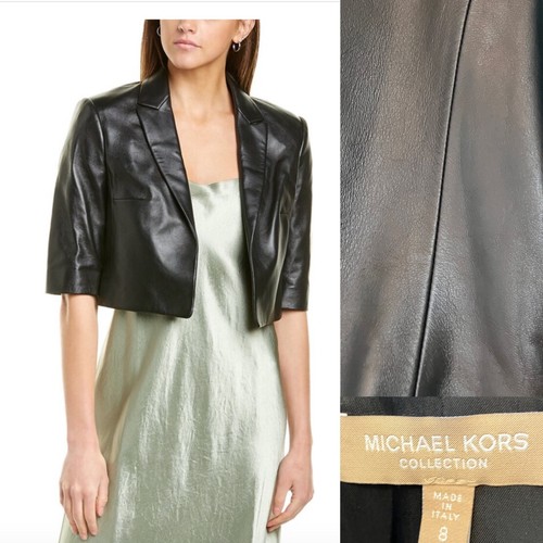 Michael Kors Collection taglia 8 giacca nera pelle cropped manica corta