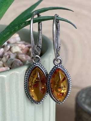 Marquise Amber Drop Earrings Oxidised Sterling Silver 925 Cognac Gemstone — 第 1/4 张图片
