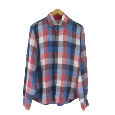 Inserch Mens XL Red White Blue Check Plaid LS Linen Button Shirt Contrast Cuffs - Image 1 of 4