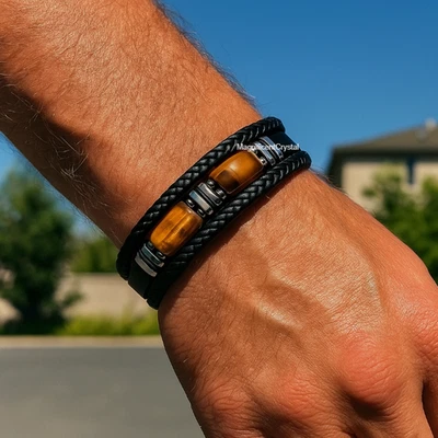 Pulsera Doble Ojo de Tigre Piedra Cuero Negro Hombres Protección Joyería Curativa Foto 1 de 4