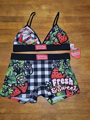 Conjunto de bragas sujetador Strawberry Shortcake niño pantalones cortos lindo negro a cuadros rojo talla M Foto 1 de 4